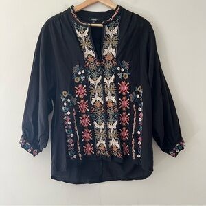 Tolani Blouse Embroidered Black Cotton Size Small Boho Hippie Peasant Top